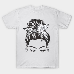 Messy Bun Girl With White Paisley Bow T-Shirt